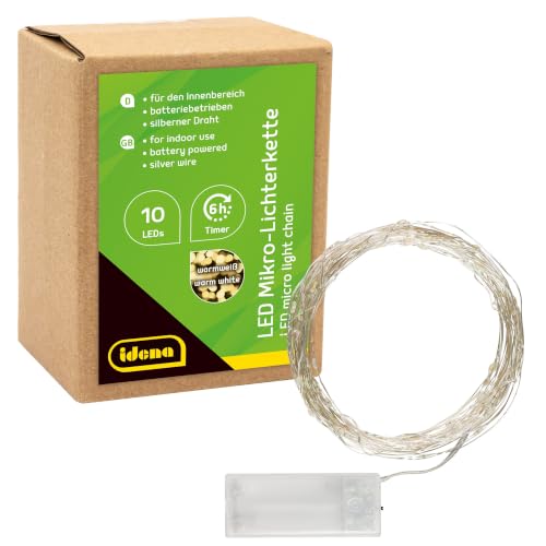Idena 31114 - LED Micro Lichterkette mit 10 LEDs in Warmweiß 6 Stunden Timer Funktion batteriebetrieben ca. 1 2 m lang Deko für Innen zum Basteln als Party Deko Weihnachtsdeko zur Hochzeit