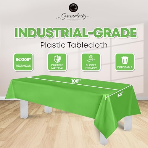 Image of Grandipity Plastic Table Cloth Disposable 12 Pack 54 inch x 108 inch Rectangle | Lime Green Plastic table covers, durable disposable tablecloths, fade and tear-resistent table cover for party, event