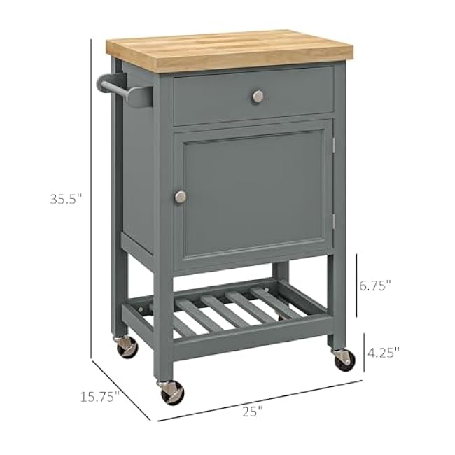 Utility Kitchen Cart, Rolling Kitchen Island with Smooth Rubberwood Top, Narrow Butcher Block Surface on Wheels with Storage Drawer & Cabinet,for Restaurants-DedAEnHd