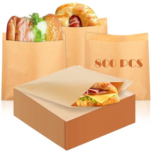 800 Pack Paper Sandwich Bags, 6 x 6 Inch Kraft Wax Paper Bags, Brown Paper Treat Bag, Breakfast Papers Bag, Greaseproof Snack Bags for Bakery, Cookies, Snacks, Sandwiches