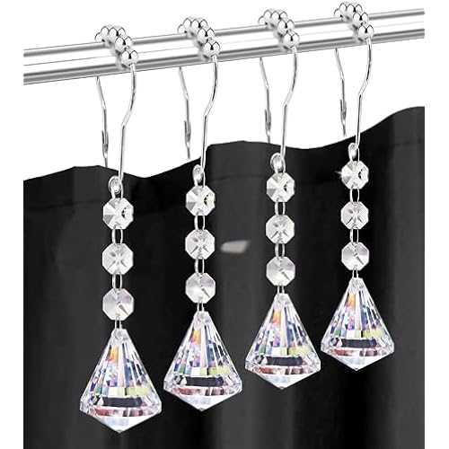 Shower Curtain Hooks Rings for Bathroom, 12PCS Shower Hooks with Gemstone Crystal Bead Charms, Stainless Steel Rust Resistant Curtain Rings (Clear Diamond)