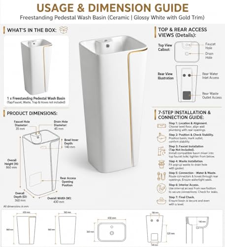 Image of InArt One Piece Ceramic Pedestal Free Standing Round Wash Basin for Living Room and Bathroom (17 x 14 x 34 Inch, White Gold Glossy)