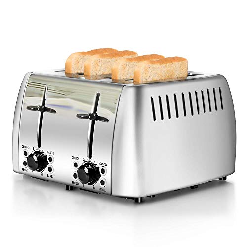 prepAmeal Toaster 4 Slice Stainless Steel Bagel Toaster Extra Wide Slots with 6 Browning Setting,...