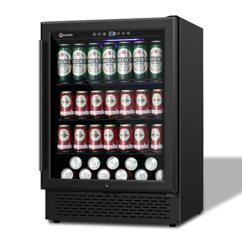 24-Inch Beverage Refrigerator, 190 Can Wide Beverage and Beer Refrigerator with Triple Tempered Glass Door Under Counter Fridgeand Powerful Cooling Compressor, for Kitchen, Bar or Office