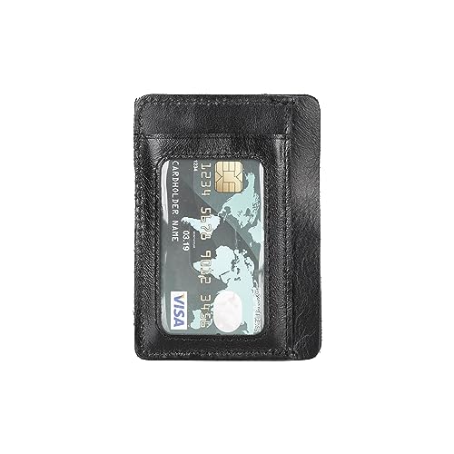 Genuine Leather Minimalist Credit Card Holder, 100% Genuine Leather, Cash Compartments, Luxury Design, ID Window Handmade Card Holder for Men or Women, Front Pocket Wallet (Rustic Black)