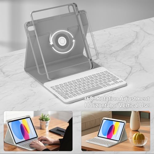 Image of YBING Keyboard Case for iPad 10th Gen 10.9 inch (2022) & 11th Gen (A16, 2025), 7-Color Backlit Detachable Bluetooth Keypad & Rotatable Magnetic Case with Pencil Holder (Gray)