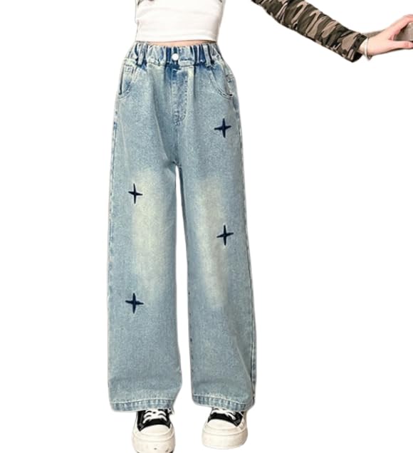 Trendy Girls Jeans Baggy Jeans for Girls 10-12 Wide Leg Denim Pants with Embroidered Elastic Waistband Trousers
