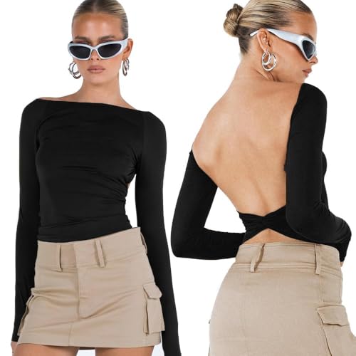 XFSRG Haut Dos Nu Femme Manche Longue T-Shirt Crop Top Femme Sexy Backless T-Shirt Ajusté Slim Fit Haut Chic Décontractée Col Rond Sweatshirt Haut de Mode...