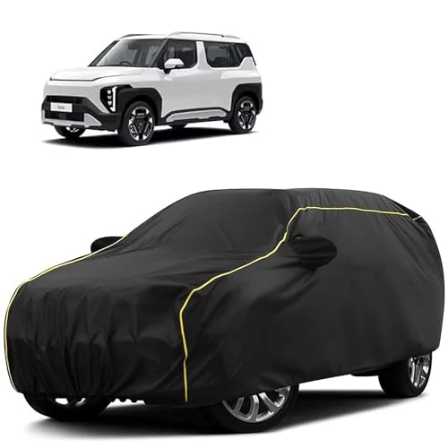 Image of Sulfar 100% Water Resistant Car Body Cover Compatible with Mirror for Kia Syros (Triple Stitched, Full Bottom Elastic, Black Tafetta with Yellow Piping)