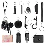 Araafur Leather Wristlet Keychain Set with Personal Alarm and Bottle Opener, Car Keychain Accessories for Women (Black keychain set)