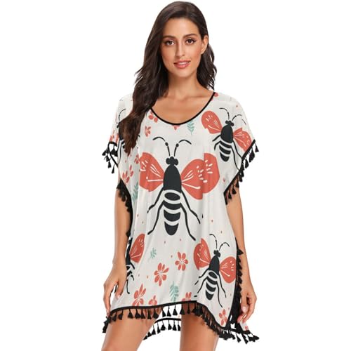 KAAVIYO Chinese Style Bee Flower Women's Beach Cover Up Chiffon Tassel Swimwear Swimsuit Coverups for Girl