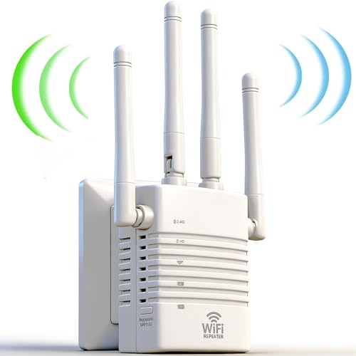 WiFi Extender Signal Booster, 5G WiFi Booster with 1200Mbps Dual Band (2.4&5GHz), WiFi Repeater (10000sq.ft for 55+ Devices), WPS 1-Tap Setup,4 Antennas 360° Full Coverage with 2 Ethernet Port