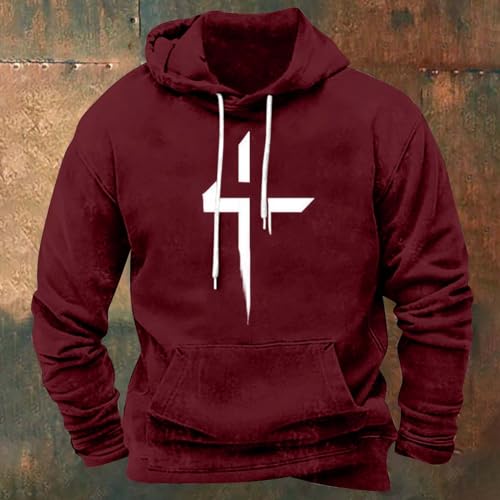 Mens Hooded Sweatshirt Cross Print Long Sleeve Retro Solid Pullover Sweatshirt Fall Winter Warm Graphic Hoodie Tops2