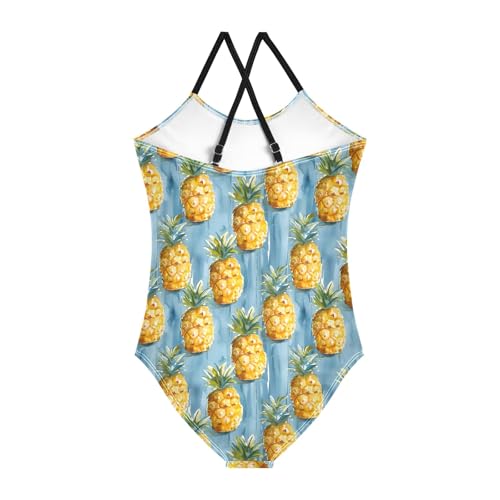 senya Girls Swimsuits One-Piece Swimwear Tie Bathing Suit Beach Summer Round Neck 5-6T Watercolor Pineapples on Blue Pattern2