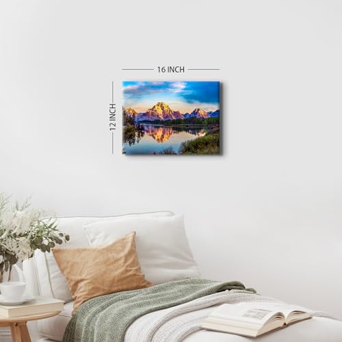 Image of Grand Teton Mountain Wall Art Nature Scenery Picture Wall Decor National Park Poster Sunset Forest Lake Paintings Canvas Prints Oxbow Bend Snake River Poster Artwork Bedroom Home Decorations 12x16 inch