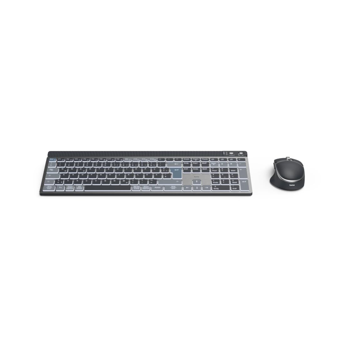 Hama Tastatur-Maus-Set kabellos (Multi-Device 1x Funk, 2X Bluetooth für PC, Laptop, Tablet, geräuscharme Tastatur LED, verstellbare Tippwinkel, FN-Lock, QWERTZ DE, ergonomische leise Maus) schwarz
