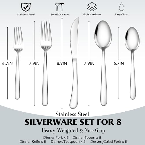 Image of E-Far Silverware Set for 8, 40-Piece Heavy Duty Stainless Steel Forks and Spoons Flatware Set, Metal Eating Utensils Cutlery for Home Kitchen, Mirror Polished & Dishwasher Safe