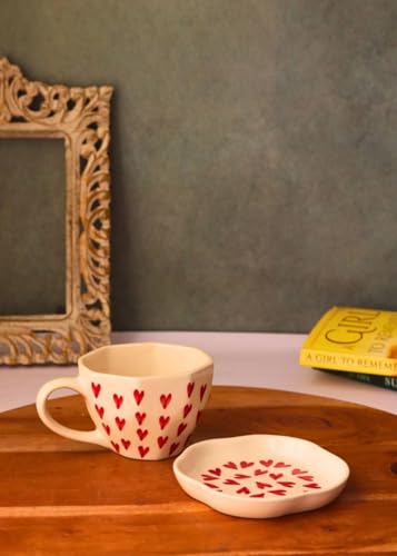 Image of Weaving Homes Handcrafted Ceramic Heart Mug & All Heart Dessert Plate to Gift to Best Friend (Cute Gifts for Girls and Women), Coffee Mug & Cups, Coffee Cups & Saucer Set