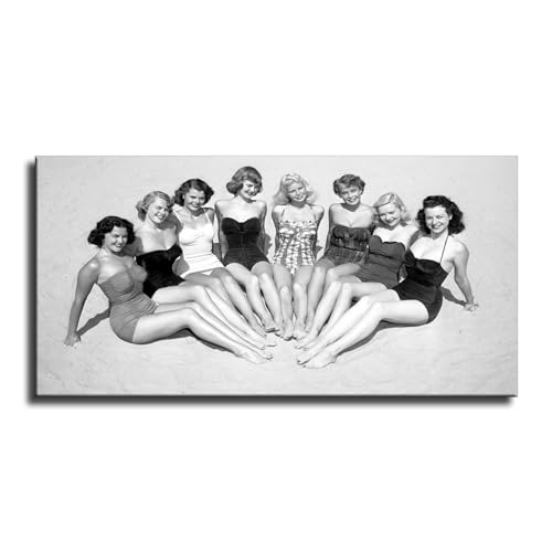Vintage Black and White Poster Beach Girl Swimsuit Bikini Poster Man Cave Canvas Art Poster and Wall Art Picture Print Modern Family Bedroom Decor (Framed,16x32inch)