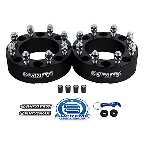 Supreme Suspensions - 2" Wheel Spacers Kit for Ford F-250 / F-350 Super Duty & Excursion 2WD 4WD - BP: 8x170mm / CB: 125mm / Studs: M14x1.5 [2pc Black Pack] - 4 Tire Valve Caps Included