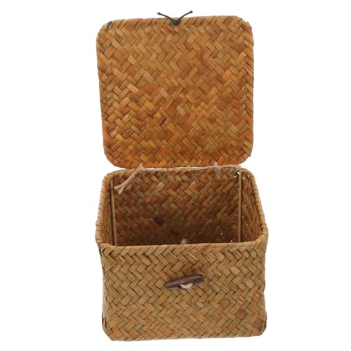 DOITOOL Woven Storage Box Storage Boxes with Lids Seagrass Sewing Basket Wicker Storage Basket Kitchen Woven Basket Makeup Bathroom Basket Fabric Mesh Organizer Baskets Rattan Straw