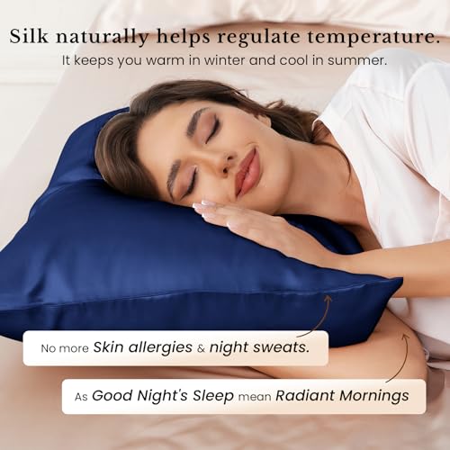 Image of THXSILK 25mm 100% Pure Mulberry 6A+ Silk Pillowcase for Hair & Skin with Zipper Closure, Cooling, Natural, Organic, Double Sided Silk Pillow Case with Gift Box(Navy Blue, Queen 20 inchx30 inch, 1pc)