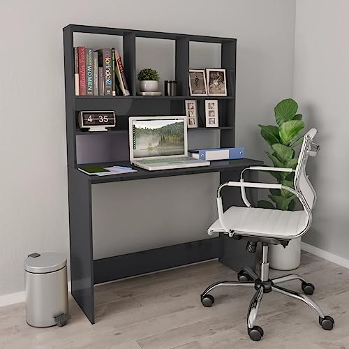 IBUQDDV Schreibtisch mit Regalen Hochglanz-Grau 110x45x157 cm Holzwerkstoff Büroarbeitsplatz Stauraum