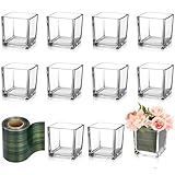 Kritkin 12 Pcs Square Glass Vases 4 x 4 Inch and 2 Rolls 3 Inch x 30 Yards Leaf Floral Ribbon Clear Glass Cube Vase Square Flower Vases for Centerpieces Candle Holders for Home Table Wedding Events