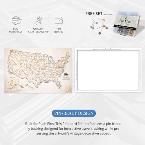 Image of IPIC - Vintage USA Map Pin Board Canvas Wall Art, Travel Map with Pins Included, Ready to Hang for Home or Office 24x16 Inch
