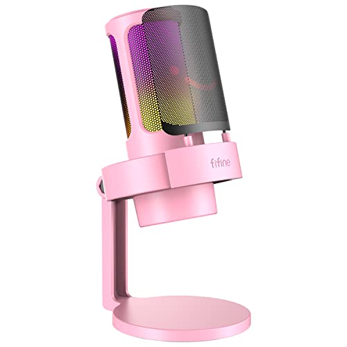 FIFINE USB PC Gaming Microphone, Condenser Streaming Mic Compatible with PS4 PS5 Mac, for Recording, Podcast, Video, with RGB Control, Tap-to-Mute, Volume Control, Headphone Jack, Based Stand-A8 Pink