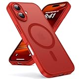 Oududianzi-Coque pour iPhone 16 Compatible avec MagSafe Magnétique, Housse de Arrière Translucide Givrée PC, TPU Silicone Bumper Étui Protection Antichoc Militaire Anti-Empreintes-Bright Red