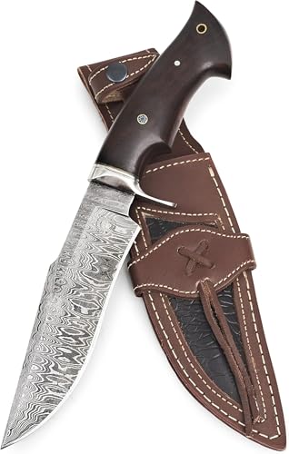 BIGCAT ROAR Leopard Hunter – Jagdmesser 30,5 cm aus Damaststahl 288 Lagen – Walnussholzgriff & Lederscheide – Outdoor Bushcraft Survival Messer feststehende Klinge – Geschenk Männer Jäger EDC