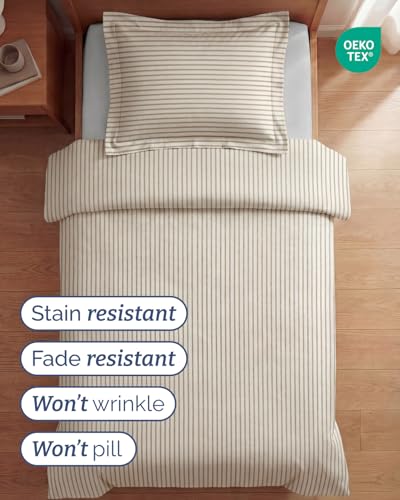 Image of Duvet Cover Twin /Twin XL Size Set - Extra Soft Twin /Twin XL Duvet Cover 68 inch x 90 inch with 1 Pillow Sham for Women, Men, Kids & Teens - Easy-Care & Fade Free with Zipper Closures & Ties (Beige Stripes)