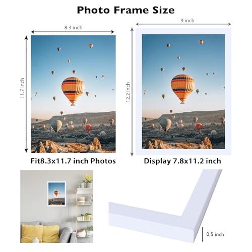 Image of 8.3x11.7 A4 Picture Frame White for Wall Hanging or Tabletop, Wall Mounting Horizontally or Vertically, A4 Frame 8.3 x 11.7 Wall Gallery Poster Photo Frame with Shatter Resistant Plexiglass, White