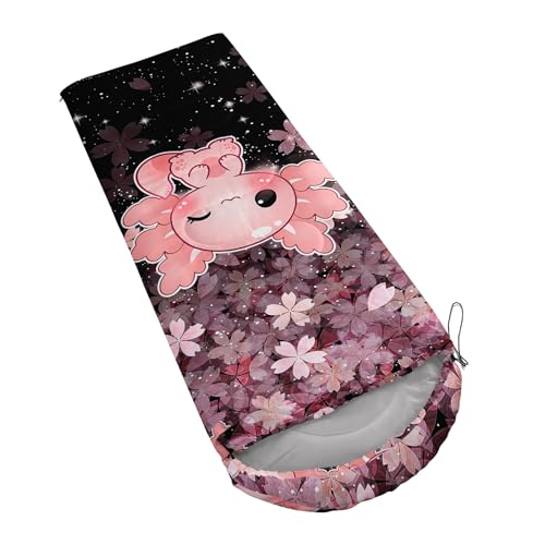 Bolsa de dormir QOOMO Axolotl Cherry Blossom para camping, 3 estaciones, ligera y resistente al agua para adultos y niños miniatura 5