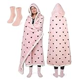 Vaanshie Gift for Wife, Mother, Wearable Blanket Hoodie for Women, Pink Hearts Print Heavy Fleece, Cozy Snuggle Warm Sherpa Blankets for Winter, Christmas, Birthday, Anniversary, Valentine's Gift Idea