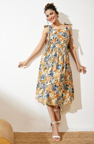 Image of Janasya Women's Cream Pure Cotton Floral Printed Fit & Flare Dress