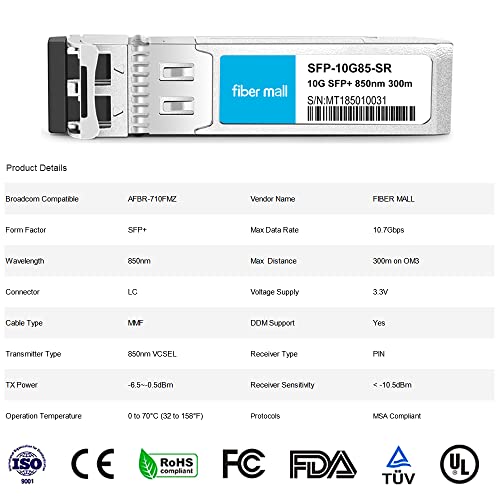 Image of SFP 10G SR for Broadcom AFBR-710FMZ,10GBASE-SR SFP+ 850nm 300m MMF LC DOM Fiber Optic Transceiver Module