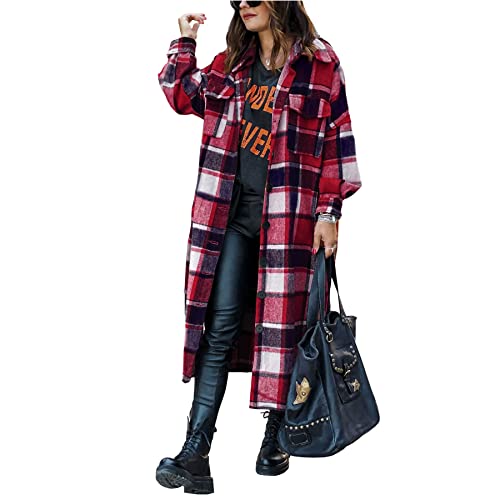 Ainangua Women's Casual Wool Blend Long Plaid Shirt Jacket Button Down Pocketed Shirt Shacket Small Red
