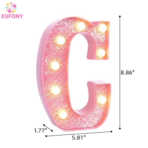 Image of Pink Marquee Light Up Letters, Glitter Alphabet LED Letter Lights for Pink Birthday Party Decorations, Battery Operated Letter Sign for Girls Room Vanity Table Decor, Warm White Lights Letter C
