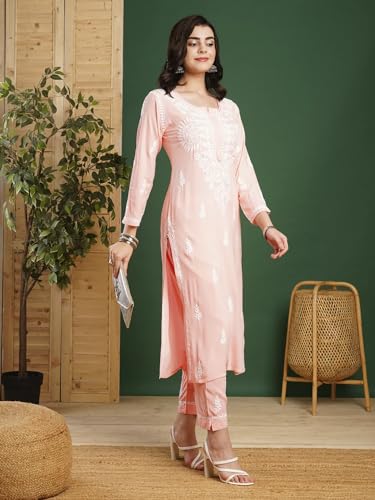 Image of BHARVITA Women's Cotton Blend Lucknowi Embroidered Chikankari Straight Kurta, with Pant Set