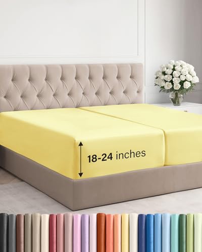 Image of Extra Deep Split King Fitted Sheet - Single Fitted Sheet Only - Yellow | Easily Fits 18 inch to 24 inch Mattress, Soft, Wrinkle Free, Breathable & Comfy, Extra Deep Pockets Hotel Luxury Fitted Sheet