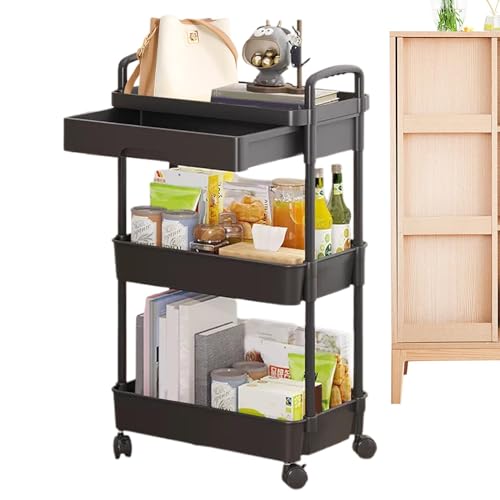 Carrito de almacenamiento sobre ruedas, Carro móvil de 3 niveles, Carro de almacenamiento con cajones, Carrito para aperitivos con estante móvil de 3 niveles, organizador de carro de cocina, carrito