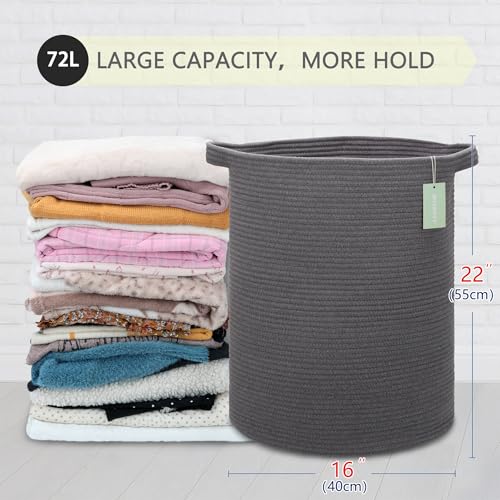 Image of Cotton Rope Blanket Basket, 72L Tall Laundry Hamper, Dark Gray