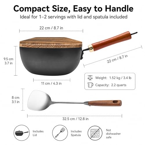 Image of WANGYUANJI 8.7-Inch Carbon Steel Mini Wok, Flat Bottom Small Stir Fry Pan for 1-2 Servings, Uncoated Textured Wok for Gas, Electric, Ceramic & Induction Stoves, with Lid & Spatula