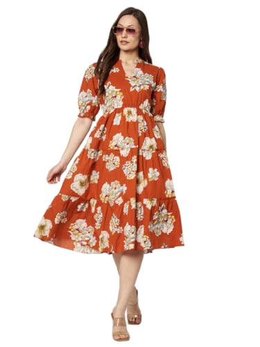 Image of PIDAVLIYA'S Women's Floral Summer Maxi Dress I Cotton Printed I One Piece Bodycon Midi Dress with V-Neck, Puffed Sleeves