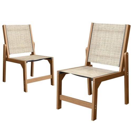 Image of Patio Stackable Chairs Set of 2, HDPE Armless Outdoor Dining Chairs with Wide Seat, All-Weather Textilene Oversized Porch Chair for Garden, Poolside, Backyard, Deck | Teak