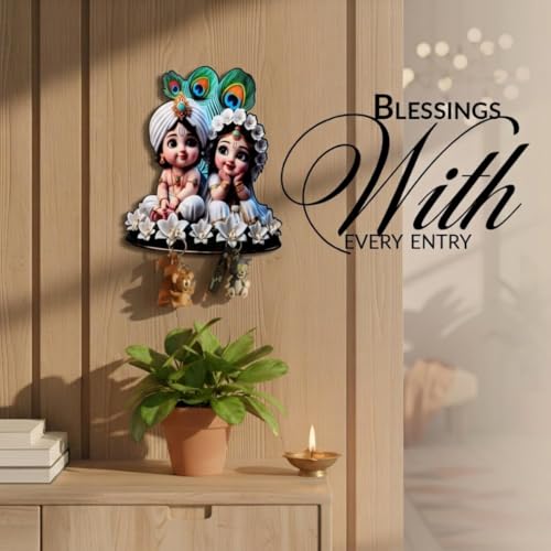 Image of Cute Radha and Krishna Wall-Mounted Key Holder, Decorative MDF Wood, 20x25 cm, 7 Hooks, UV Printed Design, Decorative Wooden Key Stand - Home & Office White & Black