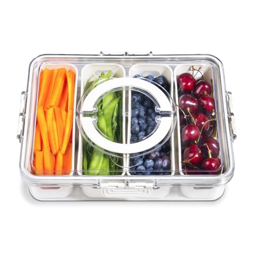 Portable Fruit Storage Containers for Fridge, 4 Compartments Snack Box Container, BPA-Free Divided Serving Tray with Lid for Veggie, Clear Snack Tray Candy Tray