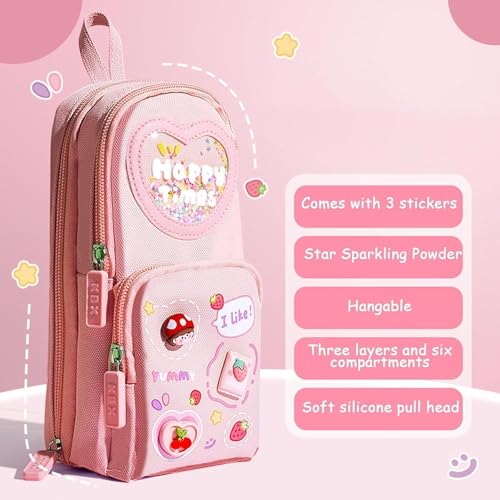 Image of Pencil Case Large Pencil Cases for Girls Boys Big Capacity Pencil Pouch with 3 Compartments School Stationary Kids College Students Office Aesthetic Pencil Pouch (Happy TIME Pink)
